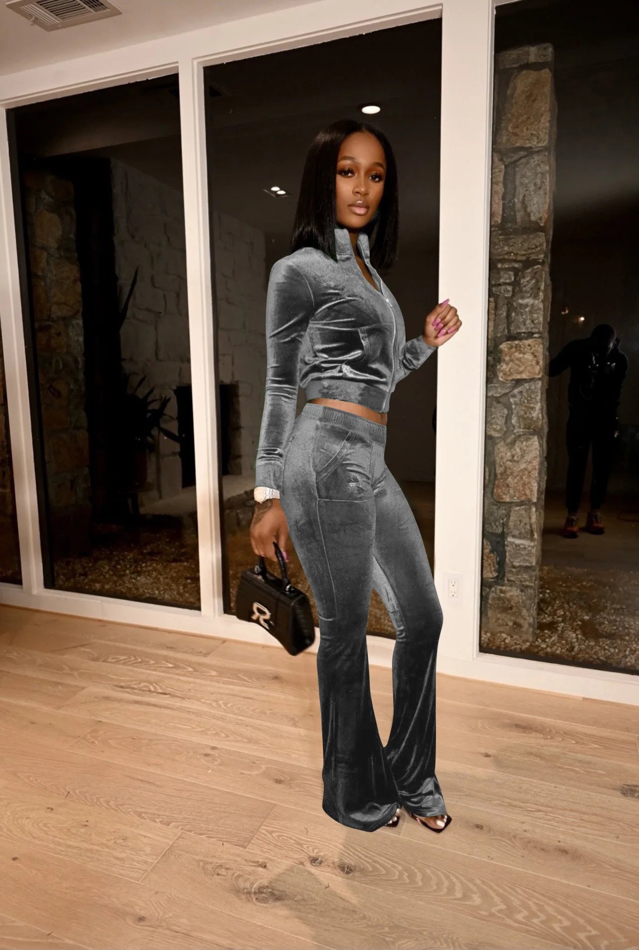 Women Set Autumn Winter Casual Two Piece Sets Velvet Tracksuit Jogger Sets Zipper Crop Jacket Pants Suits Sweatsuits Outfits