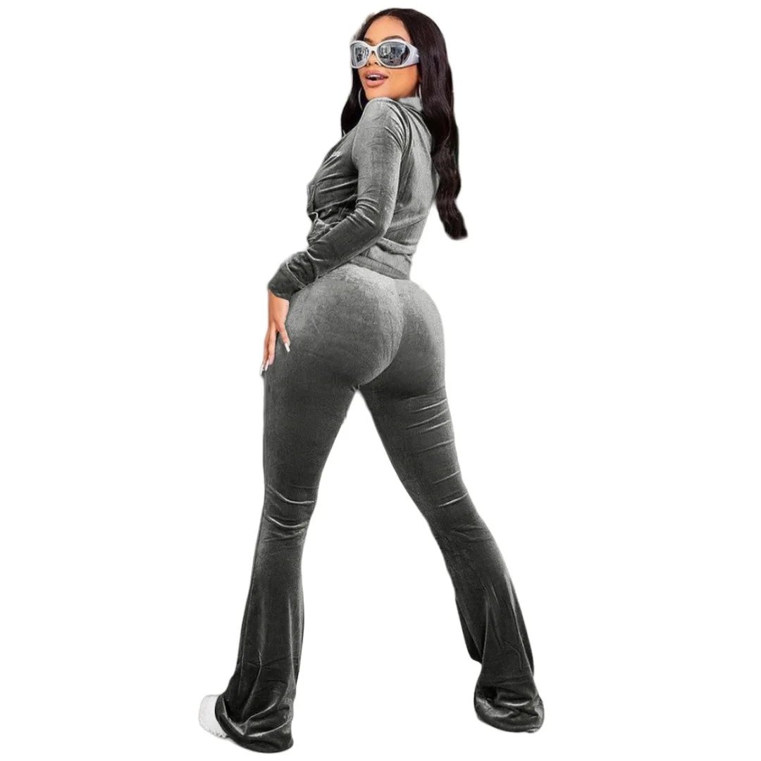 Women Set Autumn Winter Casual Two Piece Sets Velvet Tracksuit Jogger Sets Zipper Crop Jacket Pants Suits Sweatsuits Outfits