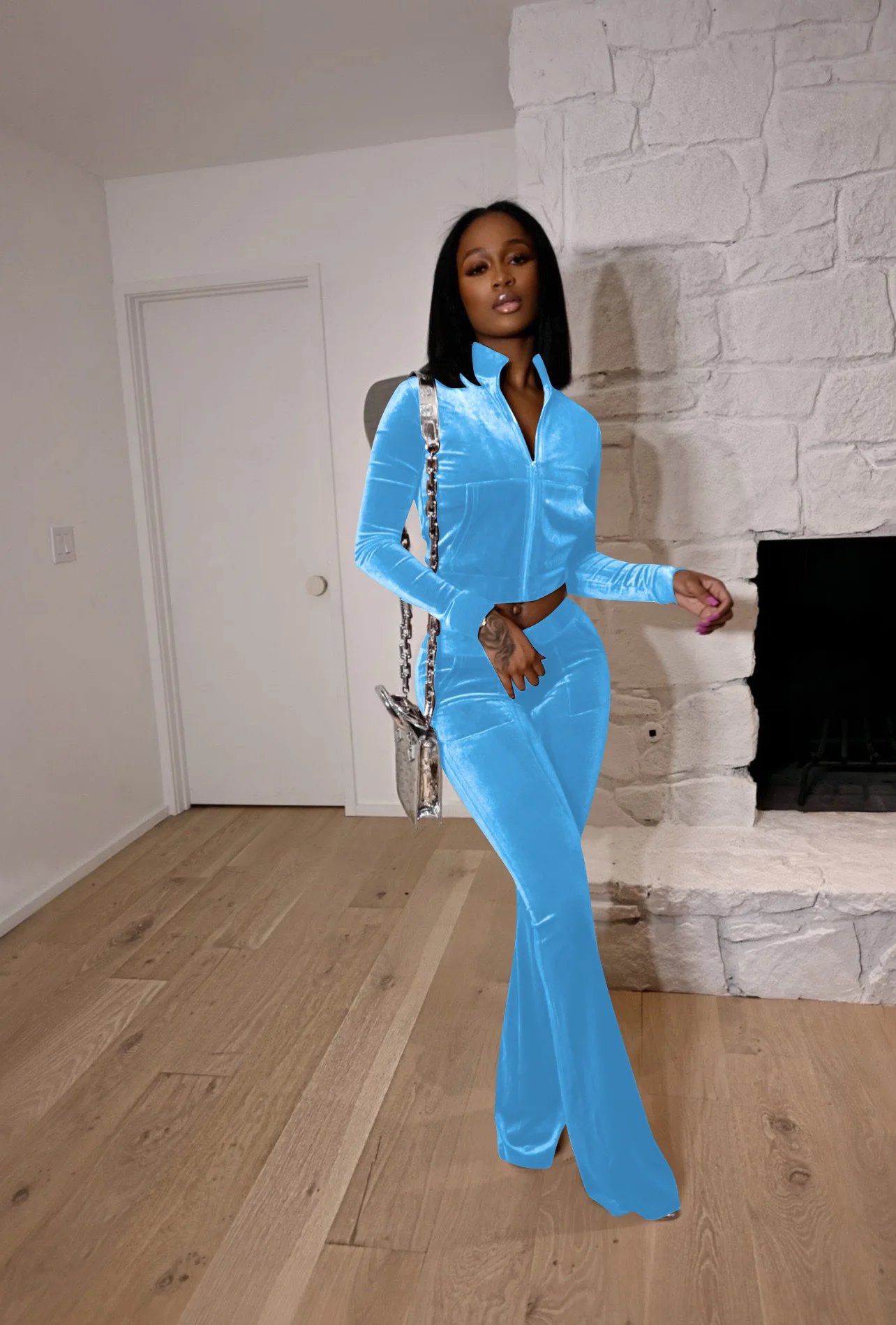 Women Set Autumn Winter Casual Two Piece Sets Velvet Tracksuit Jogger Sets Zipper Crop Jacket Pants Suits Sweatsuits Outfits