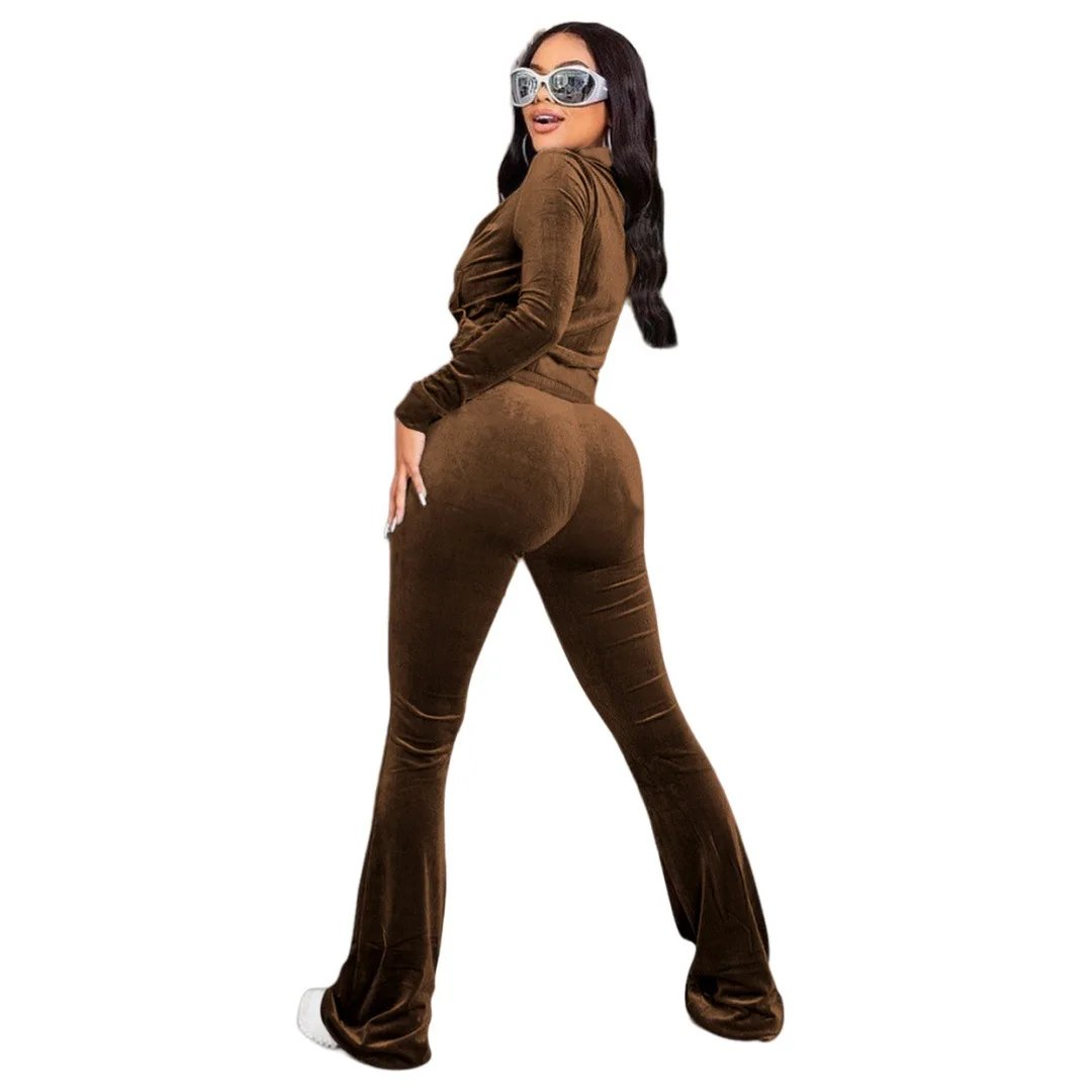 Women Set Autumn Winter Casual Two Piece Sets Velvet Tracksuit Jogger Sets Zipper Crop Jacket Pants Suits Sweatsuits Outfits
