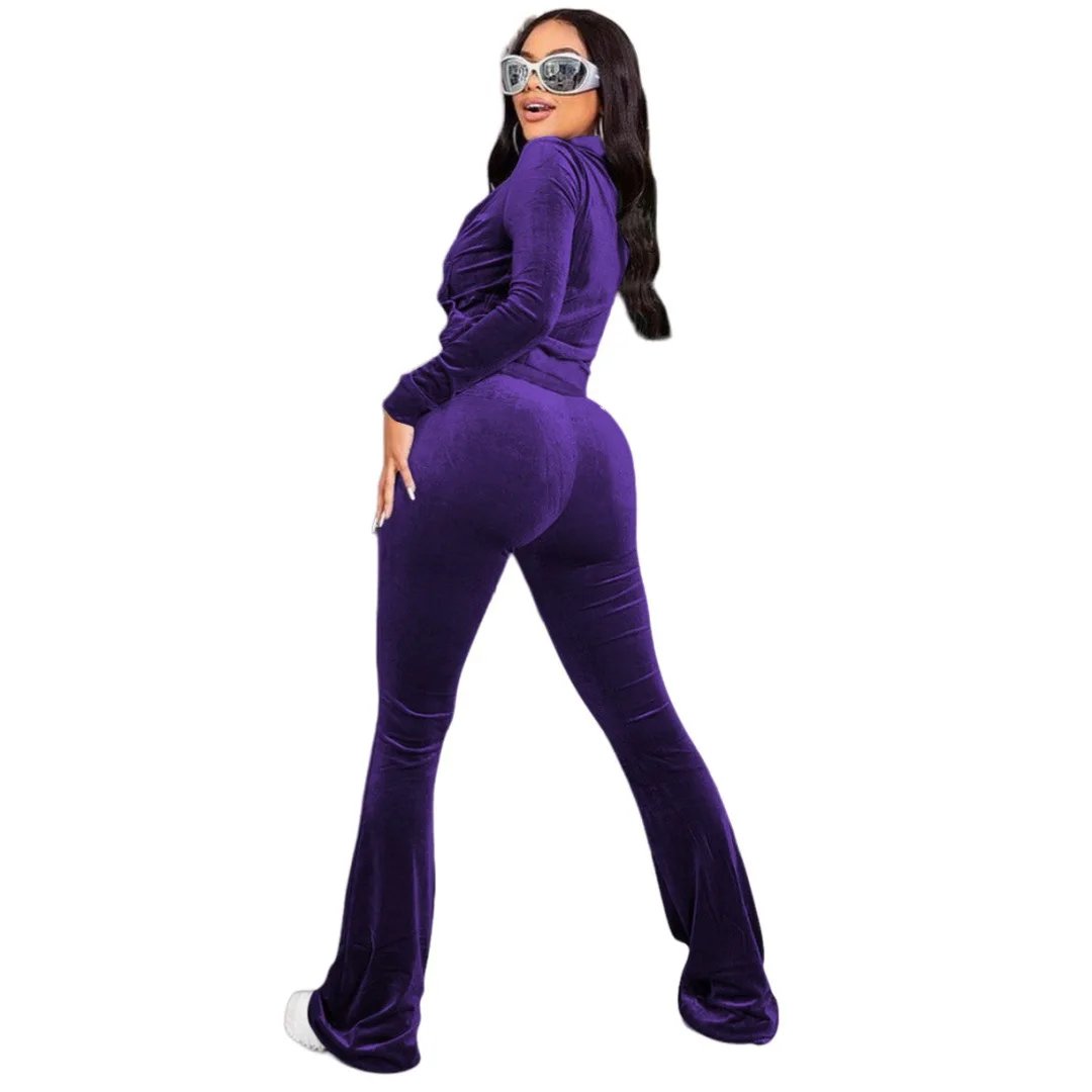 Women Set Autumn Winter Casual Two Piece Sets Velvet Tracksuit Jogger Sets Zipper Crop Jacket Pants Suits Sweatsuits Outfits