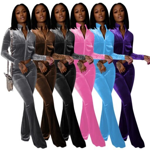 Women Set Autumn Winter Casual Two Piece Sets Velvet Tracksuit Jogger Sets Zipper Crop Jacket Pants Suits Sweatsuits Outfits