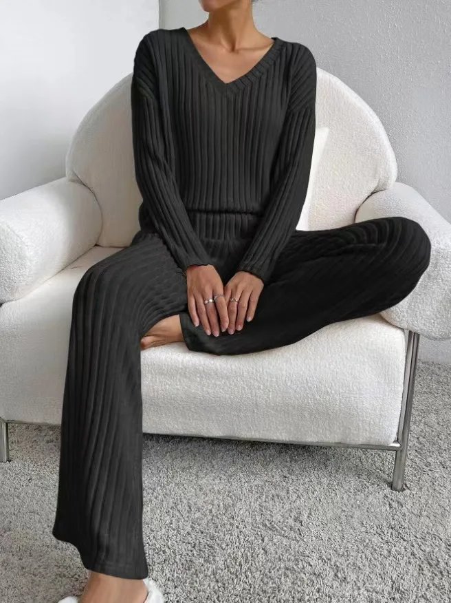 Women Tracksuit Knitted Sweater Pant Sets 2023 Autumn V Neck Pullover Tops Trousers Suits Casual Two Piece Set Outfits Women Tracksuit Knitted Sweater Pant Sets 2023 Autumn V Neck Pullover Tops Trousers Suits Casual Two Piece Set Outfits