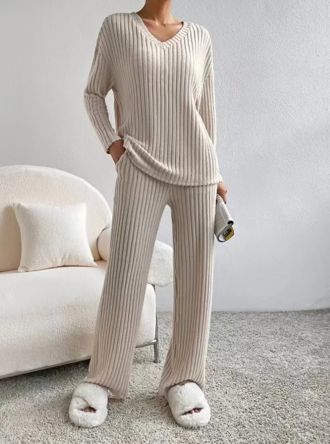 Women Tracksuit Knitted Sweater Pant Sets 2023 Autumn V Neck Pullover Tops Trousers Suits Casual Two Piece Set Outfits Women Tracksuit Knitted Sweater Pant Sets 2023 Autumn V Neck Pullover Tops Trousers Suits Casual Two Piece Set Outfits