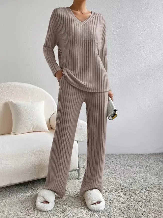 Women Tracksuit Knitted Sweater Pant Sets 2023 Autumn V Neck Pullover Tops Trousers Suits Casual Two Piece Set Outfits Women Tracksuit Knitted Sweater Pant Sets 2023 Autumn V Neck Pullover Tops Trousers Suits Casual Two Piece Set Outfits