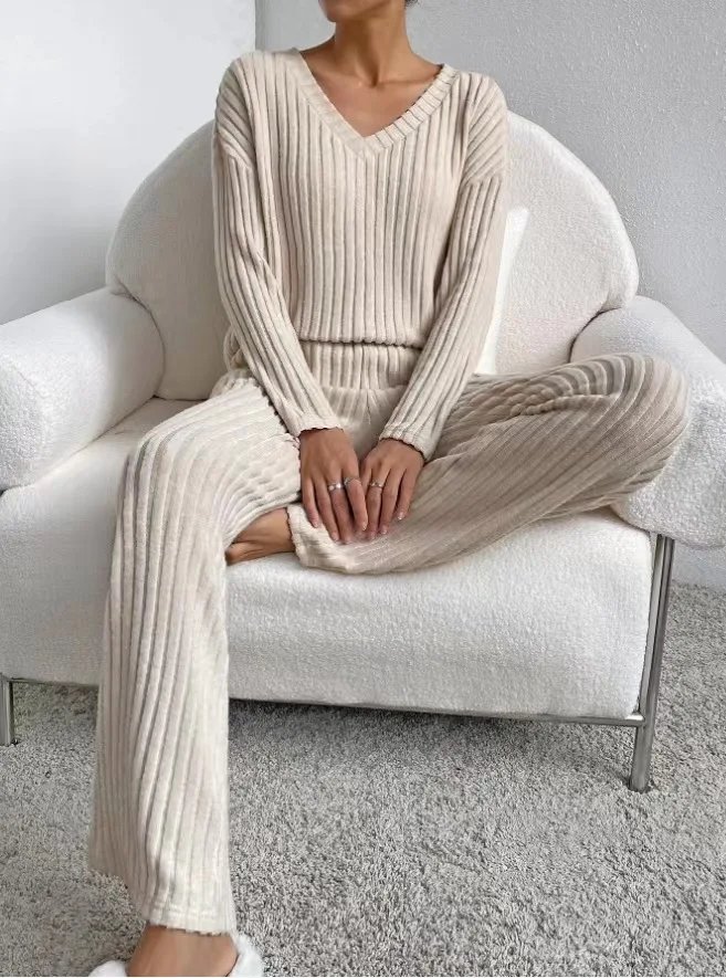 Women Tracksuit Knitted Sweater Pant Sets 2023 Autumn V Neck Pullover Tops Trousers Suits Casual Two Piece Set Outfits Women Tracksuit Knitted Sweater Pant Sets 2023 Autumn V Neck Pullover Tops Trousers Suits Casual Two Piece Set Outfits