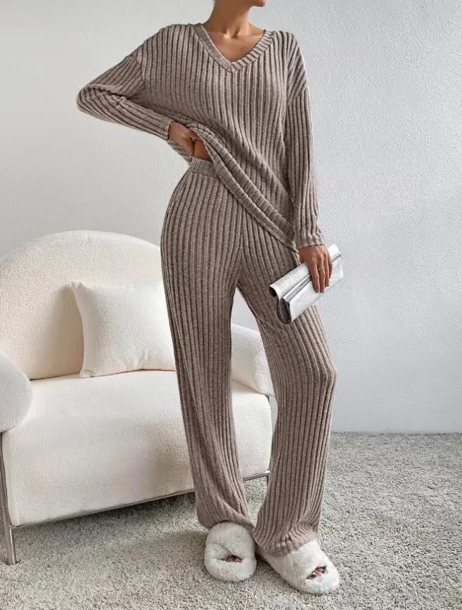 Women Tracksuit Knitted Sweater Pant Sets 2023 Autumn V Neck Pullover Tops Trousers Suits Casual Two Piece Set Outfits Women Tracksuit Knitted Sweater Pant Sets 2023 Autumn V Neck Pullover Tops Trousers Suits Casual Two Piece Set Outfits