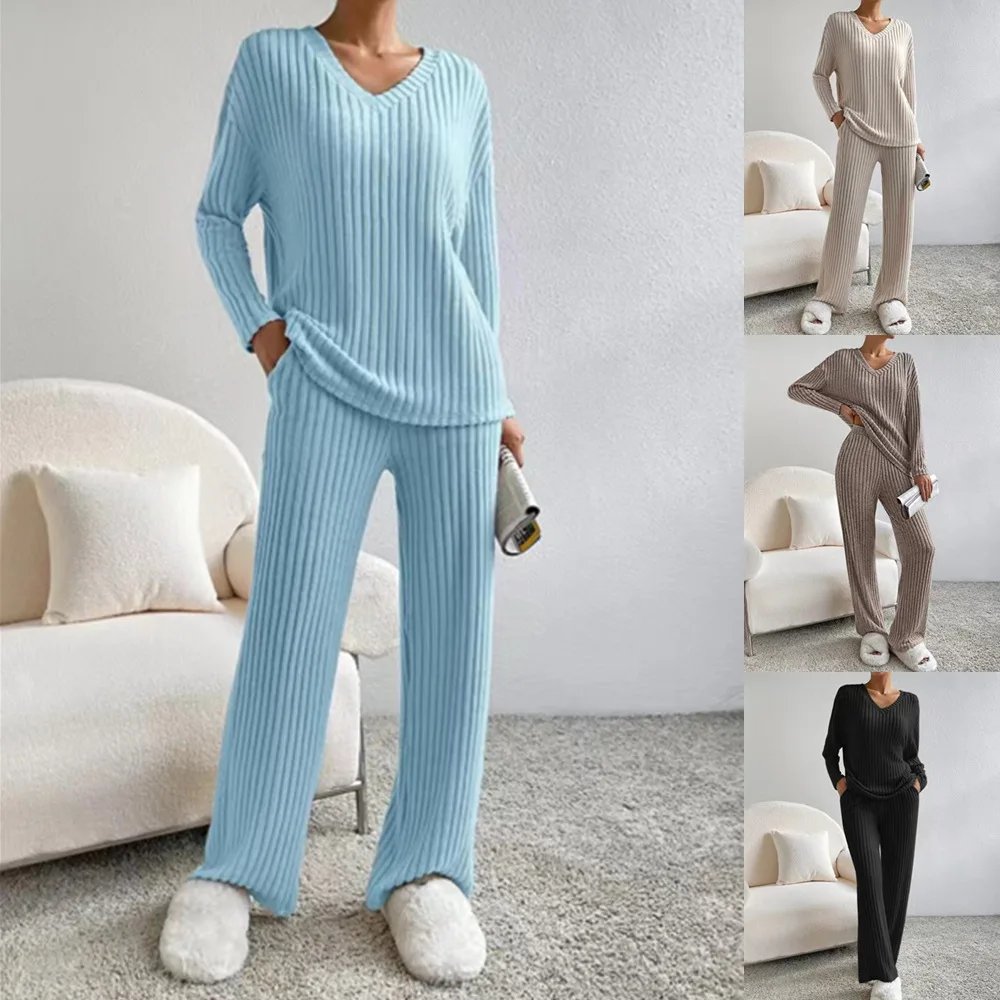 Women Tracksuit Knitted Sweater Pant Sets 2023 Autumn V Neck Pullover Tops Trousers Suits Casual Two Piece Set Outfits Women Tracksuit Knitted Sweater Pant Sets 2023 Autumn V Neck Pullover Tops Trousers Suits Casual Two Piece Set Outfits