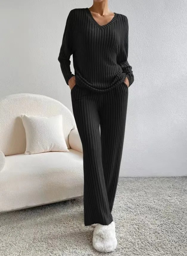 Women Tracksuit Knitted Sweater Pant Sets 2023 Autumn V Neck Pullover Tops Trousers Suits Casual Two Piece Set Outfits Women Tracksuit Knitted Sweater Pant Sets 2023 Autumn V Neck Pullover Tops Trousers Suits Casual Two Piece Set Outfits