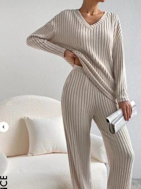Women Tracksuit Knitted Sweater Pant Sets 2023 Autumn V Neck Pullover Tops Trousers Suits Casual Two Piece Set Outfits Women Tracksuit Knitted Sweater Pant Sets 2023 Autumn V Neck Pullover Tops Trousers Suits Casual Two Piece Set Outfits
