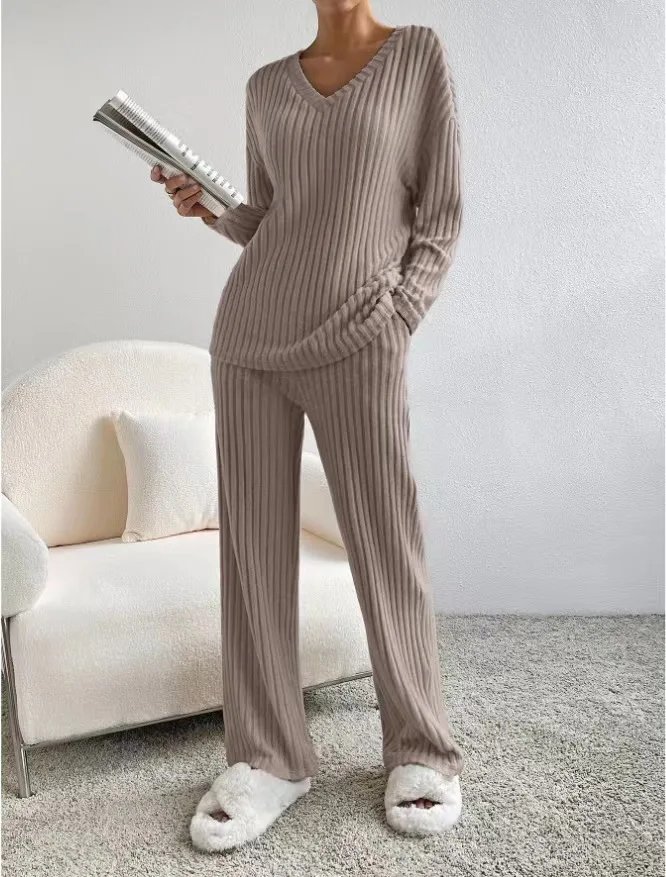 Women Tracksuit Knitted Sweater Pant Sets 2023 Autumn V Neck Pullover Tops Trousers Suits Casual Two Piece Set Outfits Women Tracksuit Knitted Sweater Pant Sets 2023 Autumn V Neck Pullover Tops Trousers Suits Casual Two Piece Set Outfits