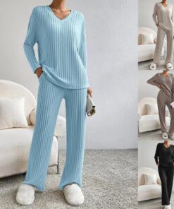 Women Tracksuit Knitted Sweater Pant Sets 2023 Autumn V Neck Pullover Tops Trousers Suits Casual Two Piece Set Outfits