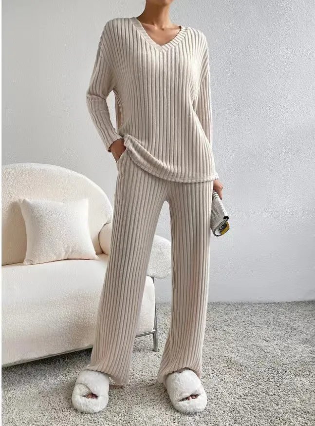 Women Tracksuit Knitted Sweater Pant Sets 2023 Autumn V Neck Pullover Tops Trousers Suits Casual Two Piece Set Outfits Women Tracksuit Knitted Sweater Pant Sets 2023 Autumn V Neck Pullover Tops Trousers Suits Casual Two Piece Set Outfits