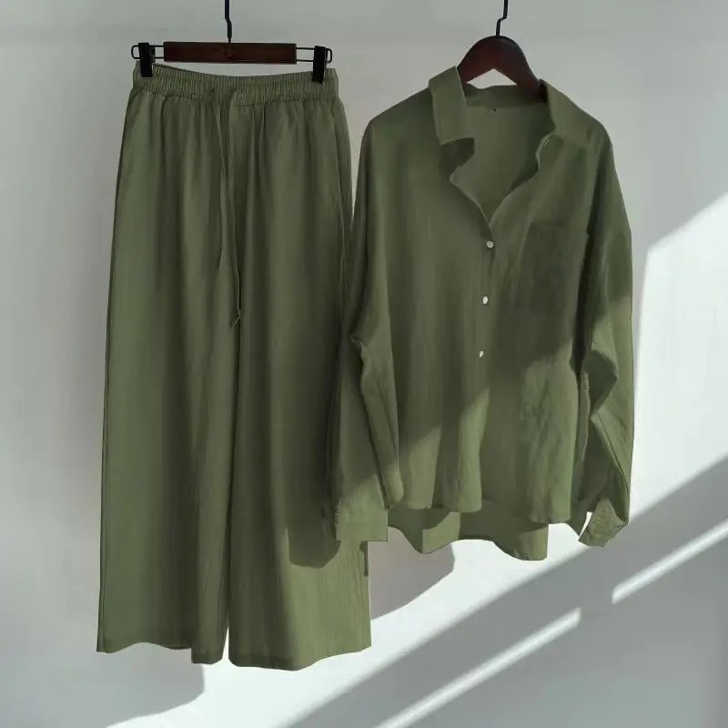 Women's Spring/autumn New Fashion Retro Cotton and Linen Two-piece Set, Half Open Shirt + High Waist Drawstring Wide-leg Pants