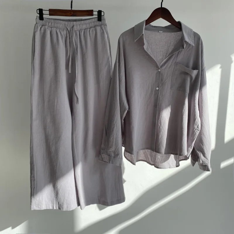 Women's Spring/autumn New Fashion Retro Cotton and Linen Two-piece Set, Half Open Shirt + High Waist Drawstring Wide-leg Pants