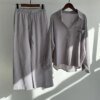 Women's Spring/autumn New Fashion Retro Cotton and Linen Two-piece Set, Half Open Shirt + High Waist Drawstring Wide-leg Pants