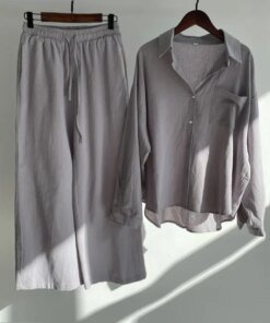 Women's Spring/autumn New Fashion Retro Cotton and Linen Two-piece Set, Half Open Shirt + High Waist Drawstring Wide-leg Pants