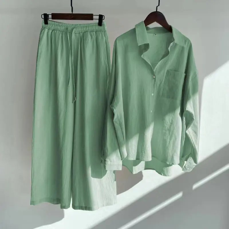 Women's Spring/autumn New Fashion Retro Cotton and Linen Two-piece Set, Half Open Shirt + High Waist Drawstring Wide-leg Pants