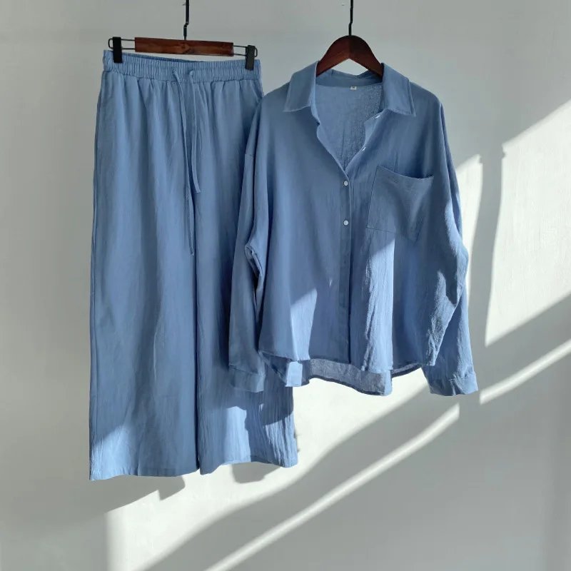 Women's Spring/autumn New Fashion Retro Cotton and Linen Two-piece Set, Half Open Shirt + High Waist Drawstring Wide-leg Pants