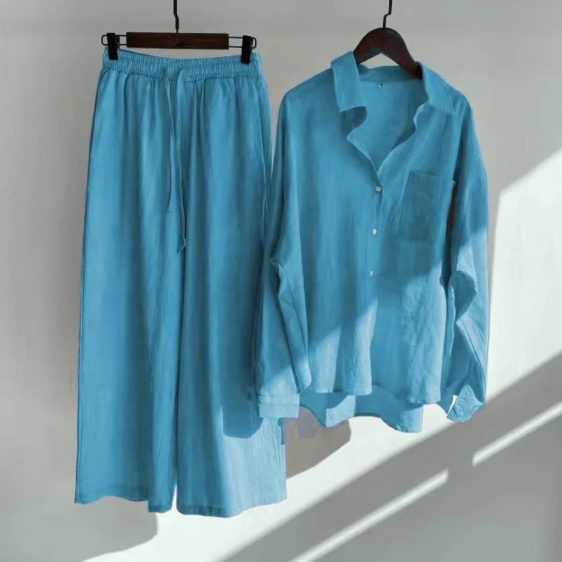 Women's Spring/autumn New Fashion Retro Cotton and Linen Two-piece Set, Half Open Shirt + High Waist Drawstring Wide-leg Pants