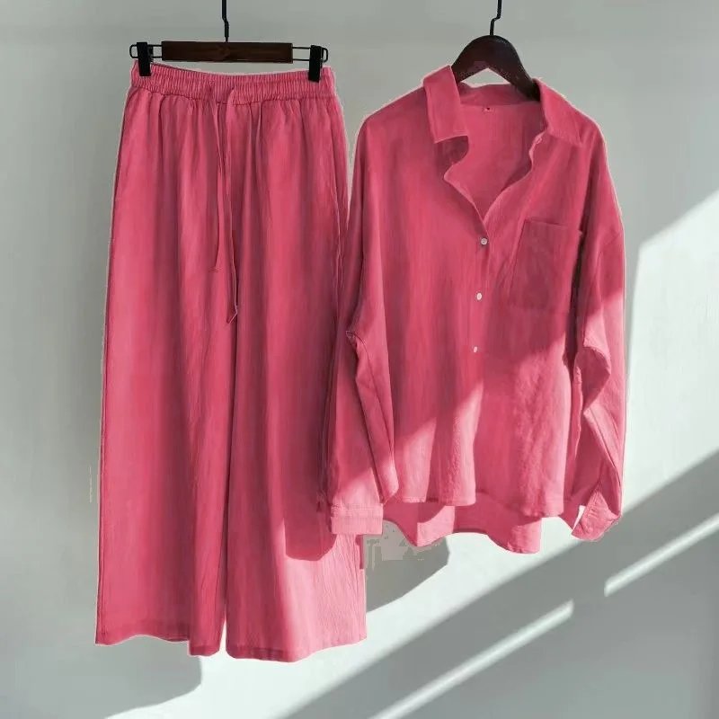 Women's Spring/autumn New Fashion Retro Cotton and Linen Two-piece Set, Half Open Shirt + High Waist Drawstring Wide-leg Pants