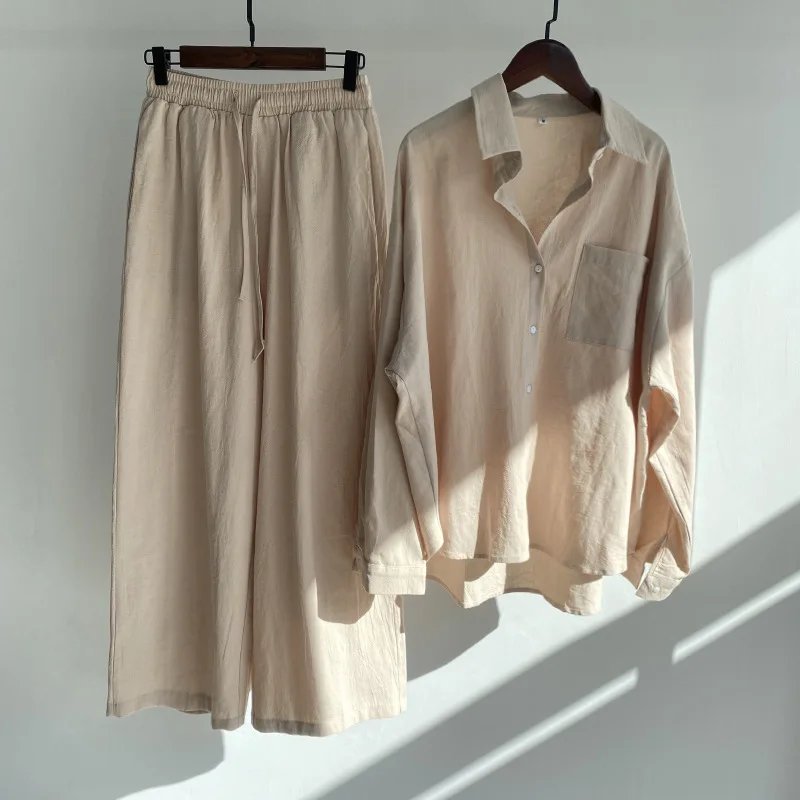 Women's Spring/autumn New Fashion Retro Cotton and Linen Two-piece Set, Half Open Shirt + High Waist Drawstring Wide-leg Pants