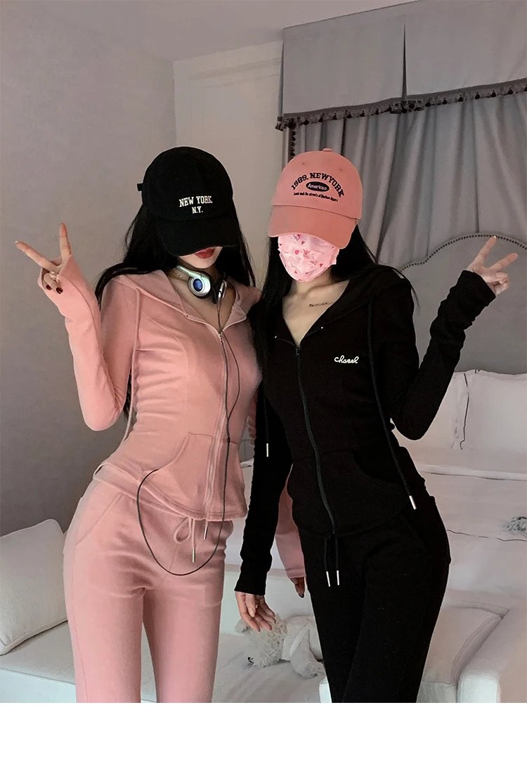 Y2K High Street Two Piece Set Tracksuit Women Hooded Zipper Jacket + Drawstring Wide Leg Pants Korean Fashion Solid Slim Outfits Y2K High Street Two Piece Set Tracksuit Women Hooded Zipper Jacket + Drawstring Wide Leg Pants Korean Fashion Solid Slim Outfits
