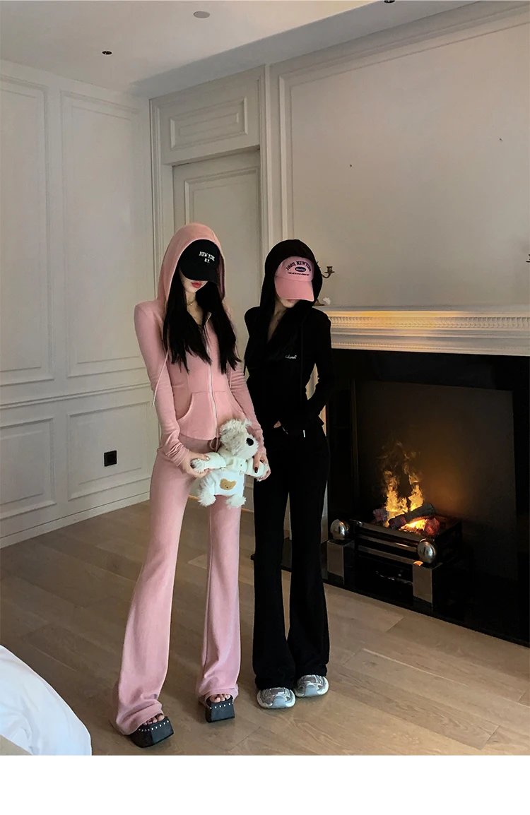 Y2K High Street Two Piece Set Tracksuit Women Hooded Zipper Jacket + Drawstring Wide Leg Pants Korean Fashion Solid Slim Outfits Y2K High Street Two Piece Set Tracksuit Women Hooded Zipper Jacket + Drawstring Wide Leg Pants Korean Fashion Solid Slim Outfits