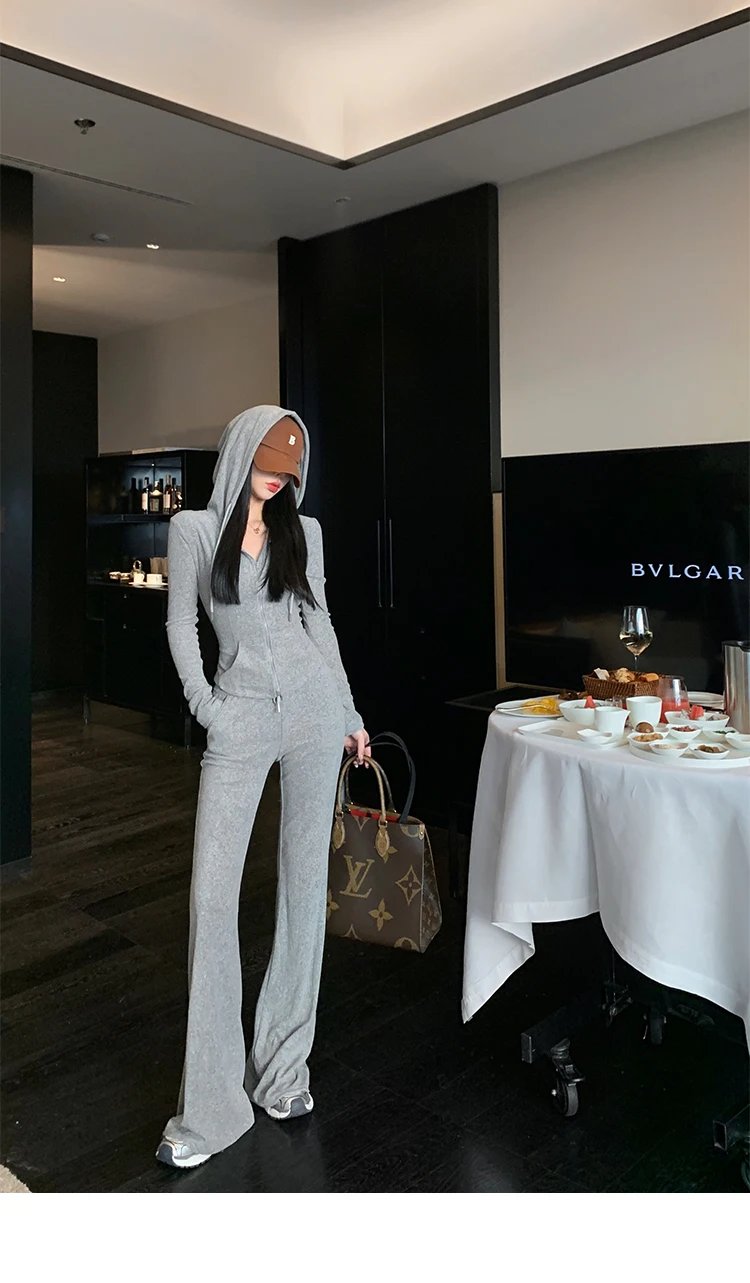 Y2K High Street Two Piece Set Tracksuit Women Hooded Zipper Jacket + Drawstring Wide Leg Pants Korean Fashion Solid Slim Outfits Y2K High Street Two Piece Set Tracksuit Women Hooded Zipper Jacket + Drawstring Wide Leg Pants Korean Fashion Solid Slim Outfits