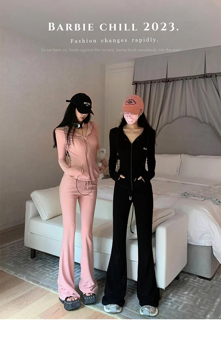 Y2K High Street Two Piece Set Tracksuit Women Hooded Zipper Jacket + Drawstring Wide Leg Pants Korean Fashion Solid Slim Outfits Y2K High Street Two Piece Set Tracksuit Women Hooded Zipper Jacket + Drawstring Wide Leg Pants Korean Fashion Solid Slim Outfits