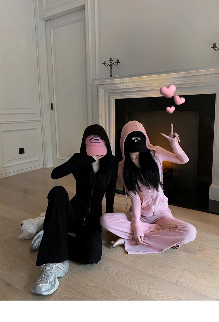 Y2K High Street Two Piece Set Tracksuit Women Hooded Zipper Jacket + Drawstring Wide Leg Pants Korean Fashion Solid Slim Outfits Y2K High Street Two Piece Set Tracksuit Women Hooded Zipper Jacket + Drawstring Wide Leg Pants Korean Fashion Solid Slim Outfits