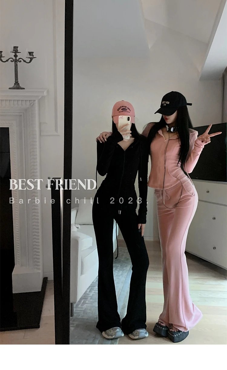 Y2K High Street Two Piece Set Tracksuit Women Hooded Zipper Jacket + Drawstring Wide Leg Pants Korean Fashion Solid Slim Outfits Y2K High Street Two Piece Set Tracksuit Women Hooded Zipper Jacket + Drawstring Wide Leg Pants Korean Fashion Solid Slim Outfits