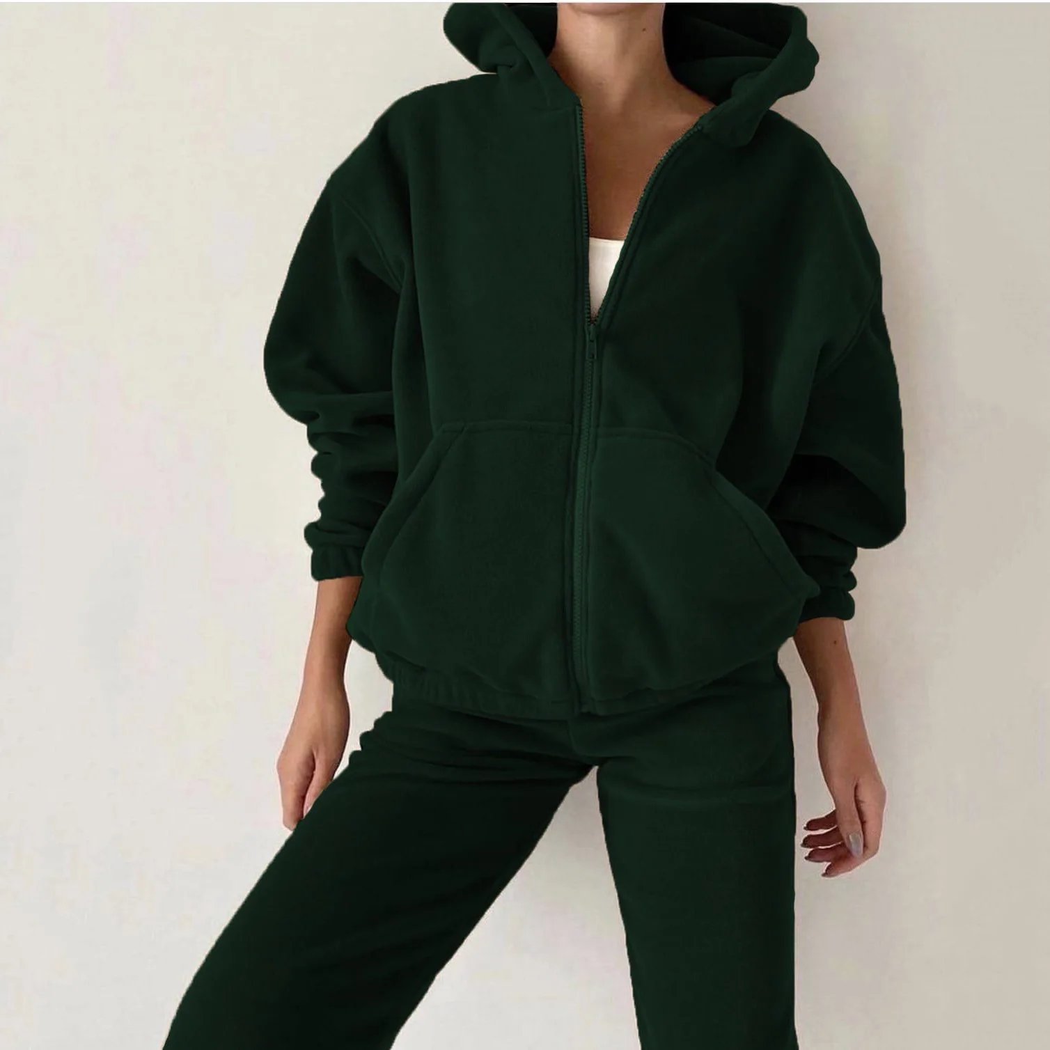 2022 Casual Women Fleece Hoodie Two Piece Sets Hooded Zipper Outerwear And Harem Pant Suit Winter Fashion Streetwear Tracksuit