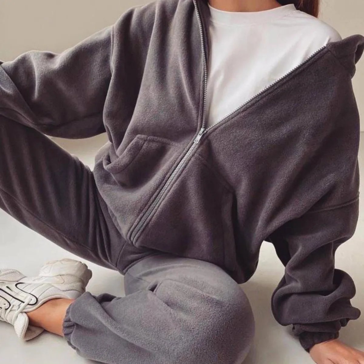 2022 Casual Women Fleece Hoodie Two Piece Sets Hooded Zipper Outerwear And Harem Pant Suit Winter Fashion Streetwear Tracksuit