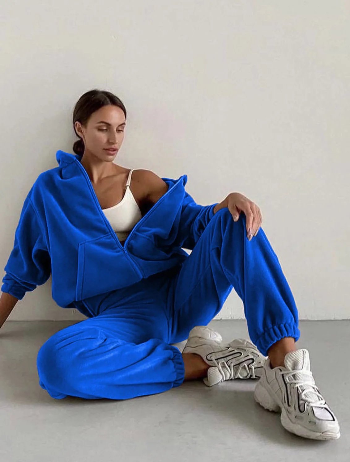 2022 Casual Women Fleece Hoodie Two Piece Sets Hooded Zipper Outerwear And Harem Pant Suit Winter Fashion Streetwear Tracksuit