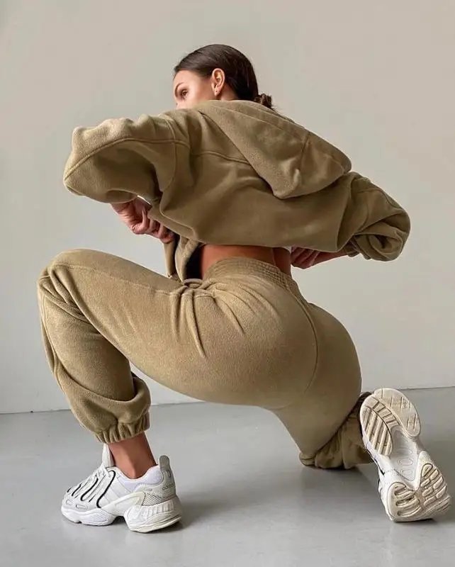 2022 Casual Women Fleece Hoodie Two Piece Sets Hooded Zipper Outerwear And Harem Pant Suit Winter Fashion Streetwear Tracksuit