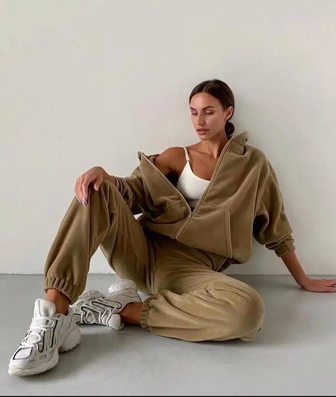 2022 Casual Women Fleece Hoodie Two Piece Sets Hooded Zipper Outerwear And Harem Pant Suit Winter Fashion Streetwear Tracksuit