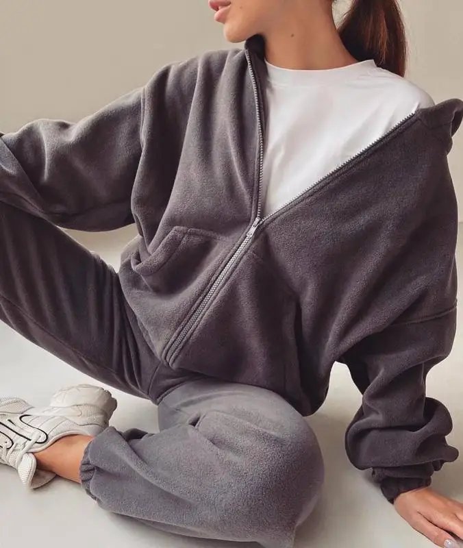 2022 Casual Women Fleece Hoodie Two Piece Sets Hooded Zipper Outerwear And Harem Pant Suit Winter Fashion Streetwear Tracksuit