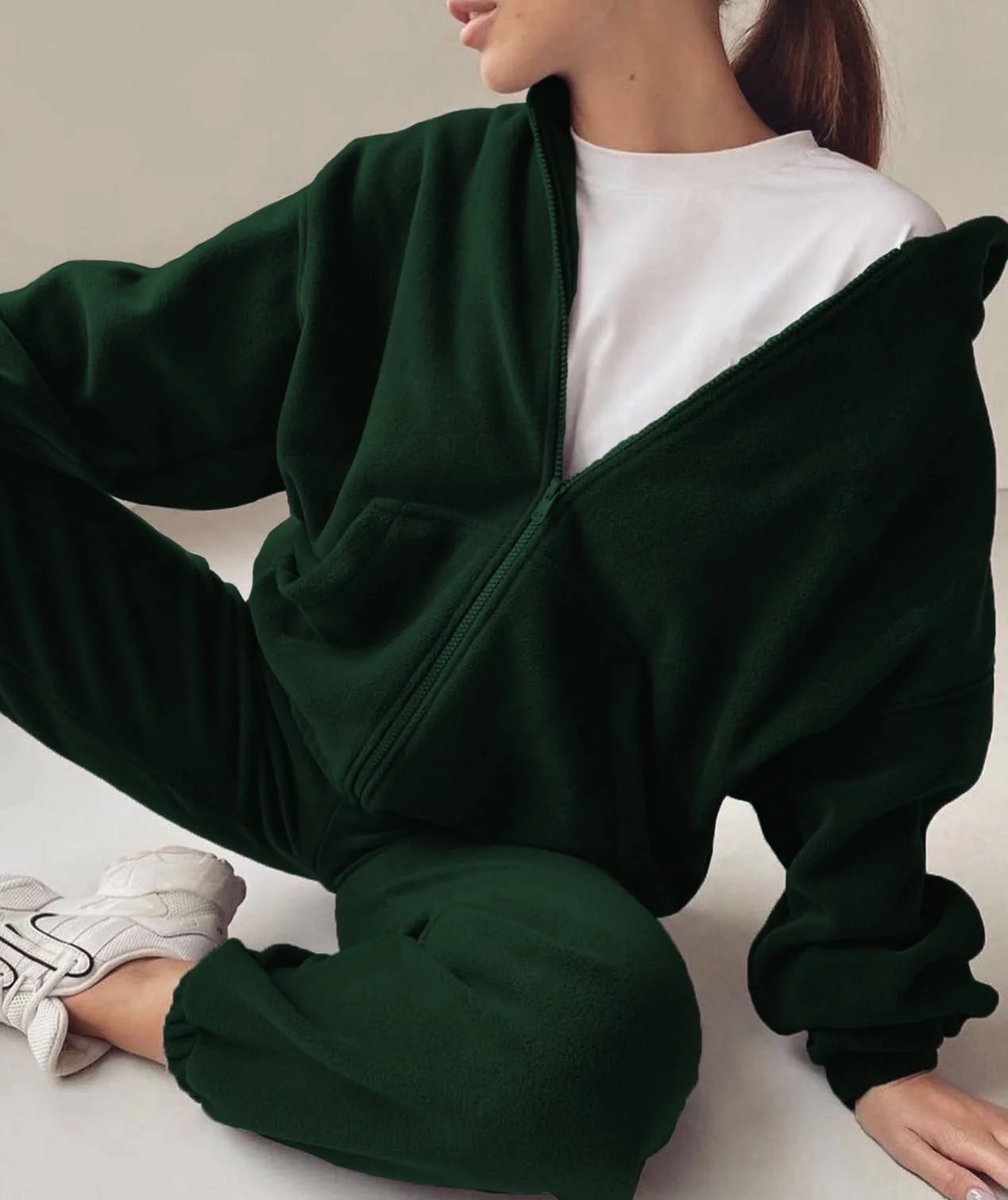 2022 Casual Women Fleece Hoodie Two Piece Sets Hooded Zipper Outerwear And Harem Pant Suit Winter Fashion Streetwear Tracksuit