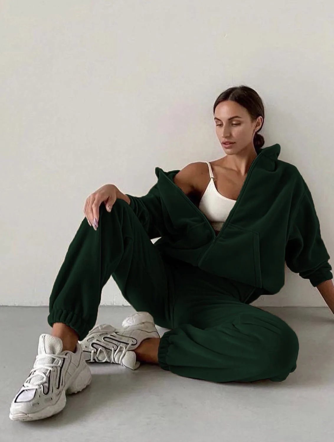2022 Casual Women Fleece Hoodie Two Piece Sets Hooded Zipper Outerwear And Harem Pant Suit Winter Fashion Streetwear Tracksuit