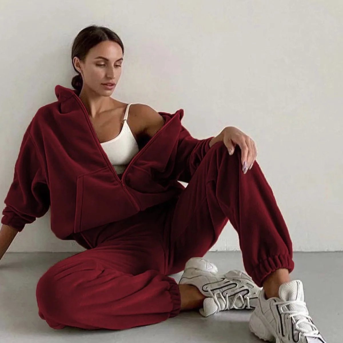 2022 Casual Women Fleece Hoodie Two Piece Sets Hooded Zipper Outerwear And Harem Pant Suit Winter Fashion Streetwear Tracksuit