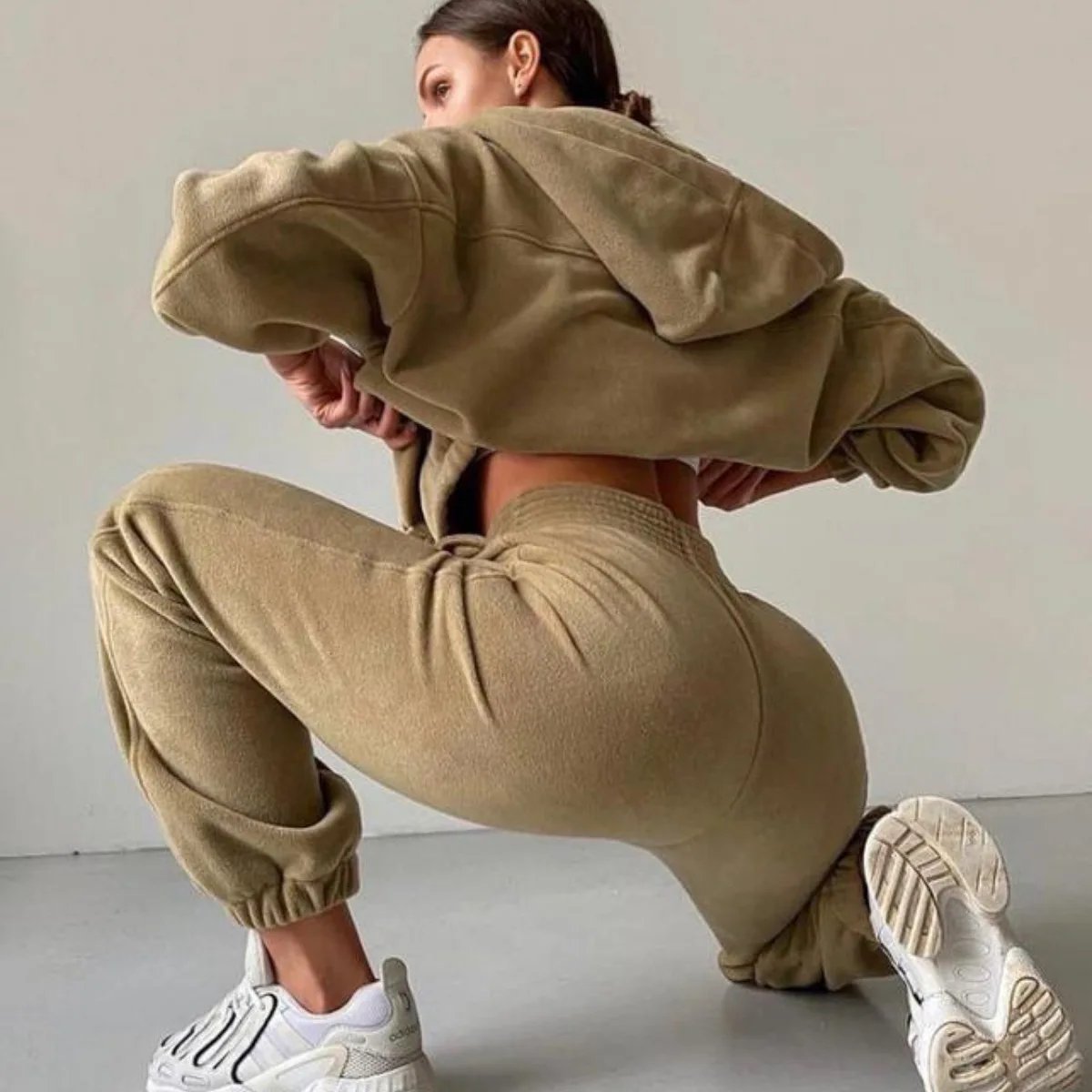 2022 Casual Women Fleece Hoodie Two Piece Sets Hooded Zipper Outerwear And Harem Pant Suit Winter Fashion Streetwear Tracksuit