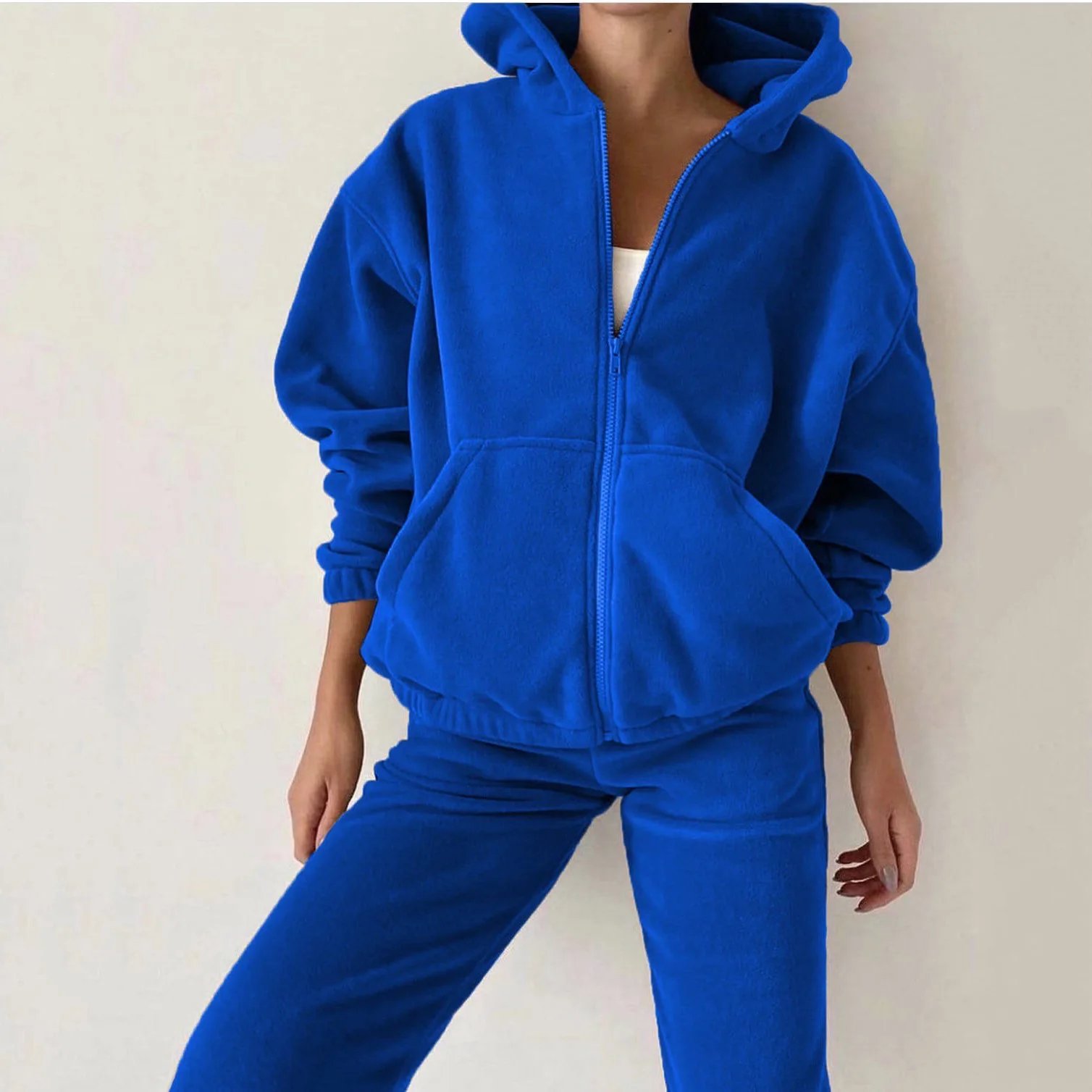 2022 Casual Women Fleece Hoodie Two Piece Sets Hooded Zipper Outerwear And Harem Pant Suit Winter Fashion Streetwear Tracksuit