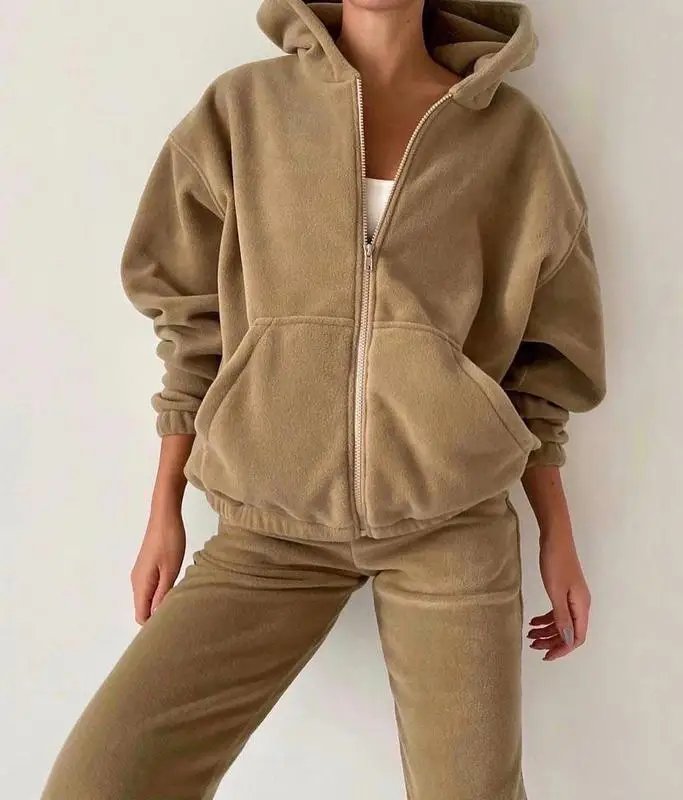 2022 Casual Women Fleece Hoodie Two Piece Sets Hooded Zipper Outerwear And Harem Pant Suit Winter Fashion Streetwear Tracksuit