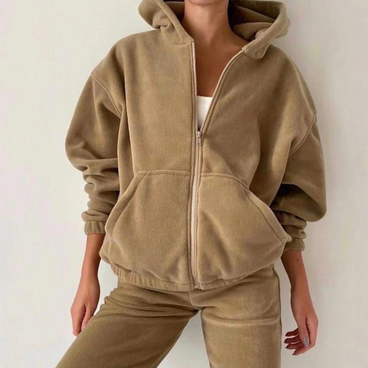 2022 Casual Women Fleece Hoodie Two Piece Sets Hooded Zipper Outerwear And Harem Pant Suit Winter Fashion Streetwear Tracksuit