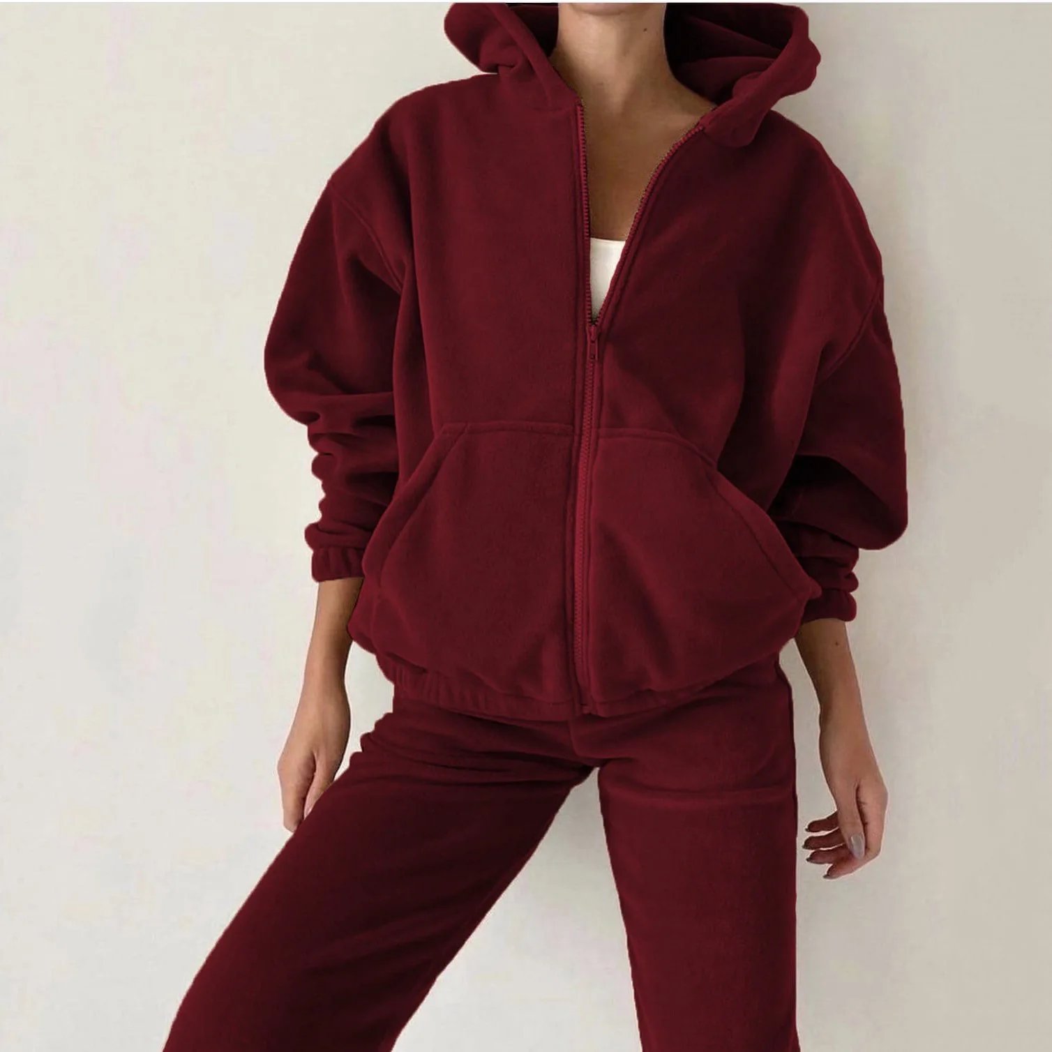 2022 Casual Women Fleece Hoodie Two Piece Sets Hooded Zipper Outerwear And Harem Pant Suit Winter Fashion Streetwear Tracksuit