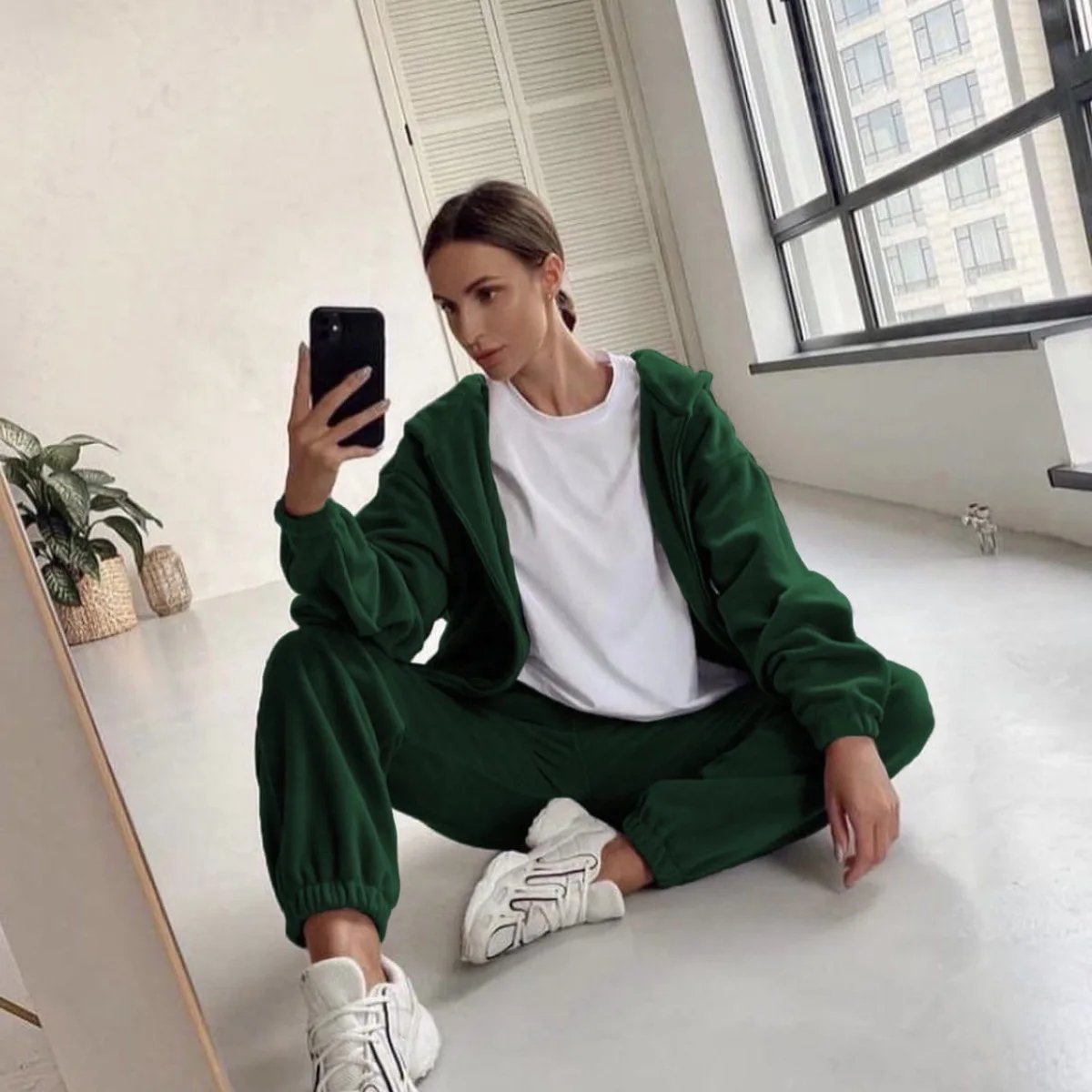 2022 Casual Women Fleece Hoodie Two Piece Sets Hooded Zipper Outerwear And Harem Pant Suit Winter Fashion Streetwear Tracksuit