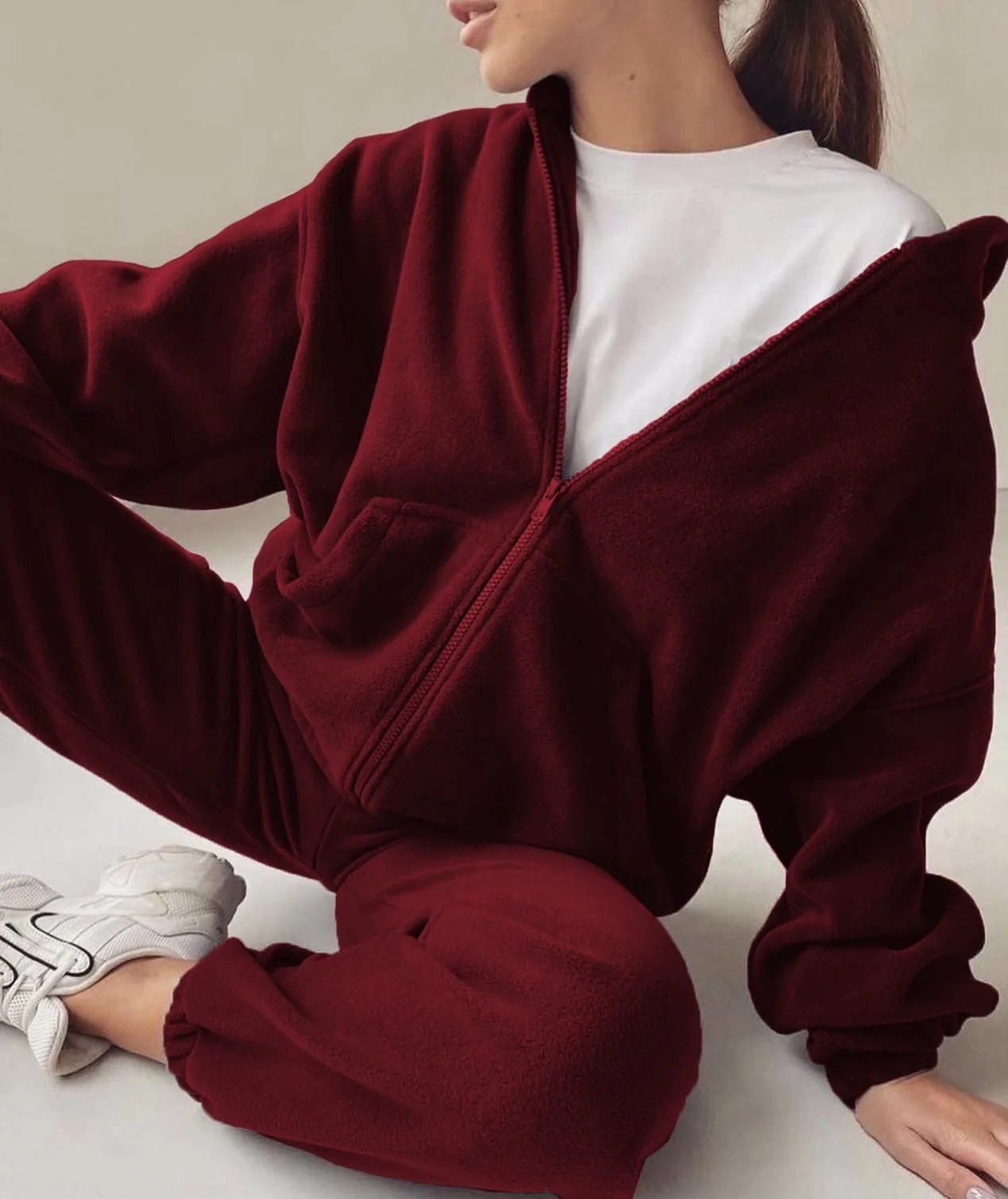 2022 Casual Women Fleece Hoodie Two Piece Sets Hooded Zipper Outerwear And Harem Pant Suit Winter Fashion Streetwear Tracksuit