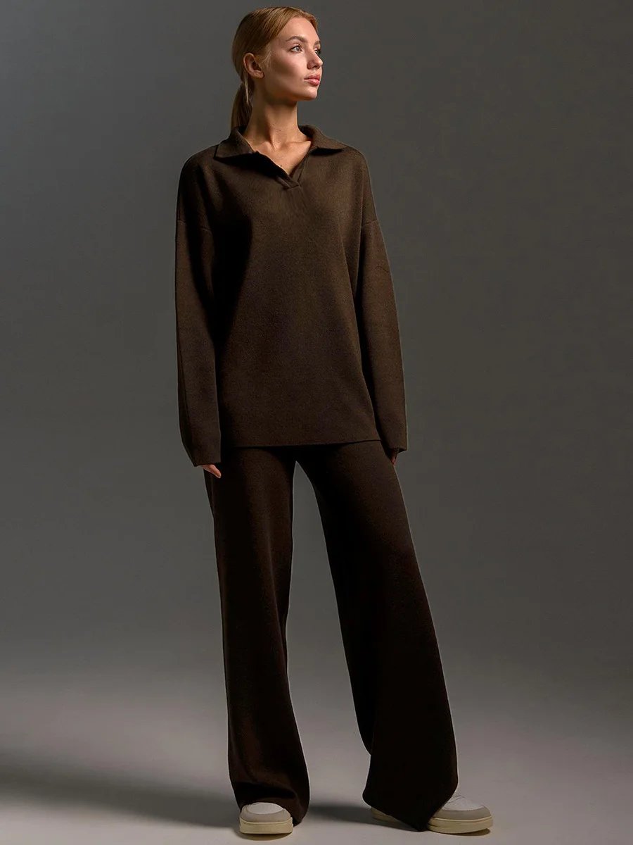 Bornladies Winter Thick Women Knitted Suits Soft 2 Pieces Sets Female Polo Neck Sweater & Wide Leg Pants Knitted Outfit Bornladies Winter Thick Women Knitted Suits Soft 2 Pieces Sets Female Polo Neck Sweater & Wide Leg Pants Knitted Outfit