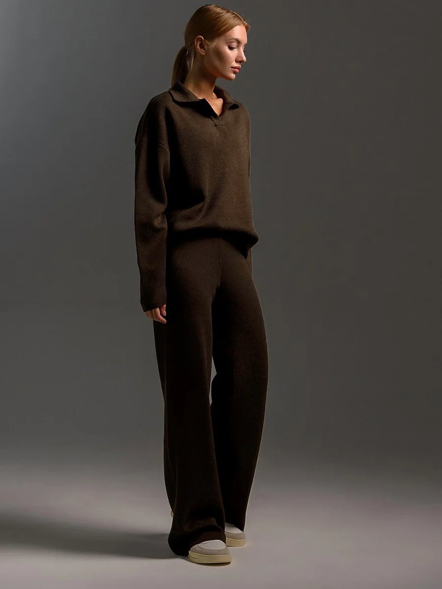 Bornladies Winter Thick Women Knitted Suits Soft 2 Pieces Sets Female Polo Neck Sweater & Wide Leg Pants Knitted Outfit Bornladies Winter Thick Women Knitted Suits Soft 2 Pieces Sets Female Polo Neck Sweater & Wide Leg Pants Knitted Outfit